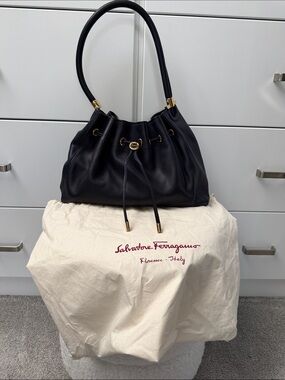 Salvatore Ferragamo Dark Navy Black Leather Drawstring Hobo with Gold Hardware